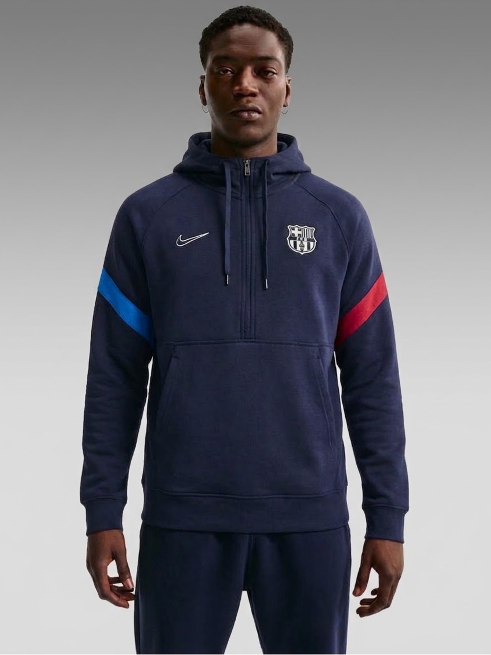 NIKE Men's FC Barcelona Club French Terry Half Zip Pullover Hoodie - Blue, XL